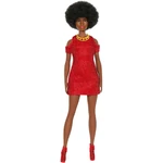 Kép 2/2 - Barbie: Fashionista stílusos baba piros, csillogó ruhácskában – Mattel