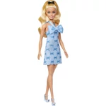 Kép 2/2 - Barbie: Fashionista stílusos szőke baba csokornyakkendő mintás kék ruhában – Mattel