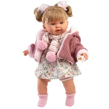 Llorens: Alexandra 42 cm-es síró baba cumival rózsaszín kötött kabátban és virágos szoknyában