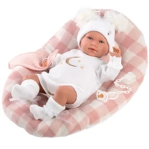 Llorens: Mimi Llorana 42 cm-es síró újszülött baba kockás ággyal