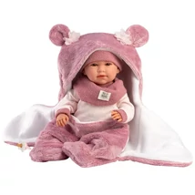 Llorens: Mimi 42 cm-es síró baba rózsaszín macifüles puha hálózsákkal