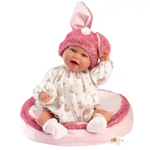 Llorens: Mimi 42 cm-es mosolygós baba nyuszifüles rózsaszín sapkában párnával
