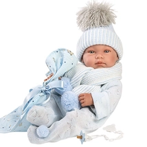 Llorens: Tino 43 cm-es újszülött fiú baba kék babapléddel, cumival és 3 db különböző ruhával