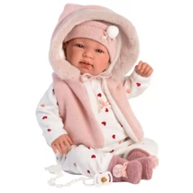 Llorens: Tina 44 cm-es síró baba kapucnis rózsaszín mellényben