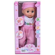 Dorka baba kockás kantáros ruhában 36 cm hang effektekkel