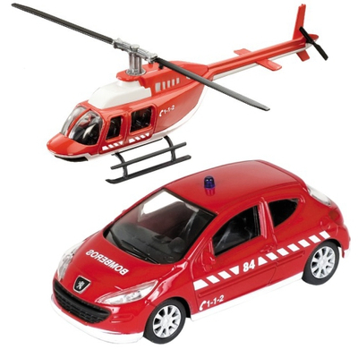 Tűzoltó Peugeot 308 és helikopter fém modell szett 1/43 – Mondo