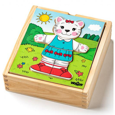Öltöztethető cica fa puzzle 18 db-os – Woodyland
