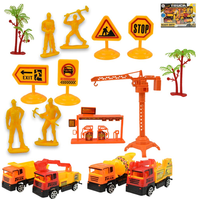 Építőipari játékszett járművekkel, figurákkal és táblákkal