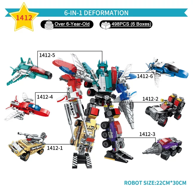 QMAN® 1412 | kompatibilis építőjáték | 498 db építőkocka | 6 az 1-ben Árész a szuper robot