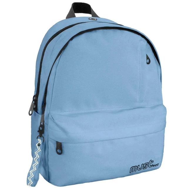 Must: Világoskék négy rekeszes lekerekített iskolatáska, hátizsák 32×19×42 cm