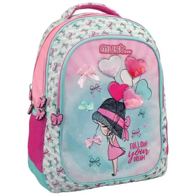 Must: Girl három rekeszes lekerekített iskolatáska, hátizsák 32×18×43 cm