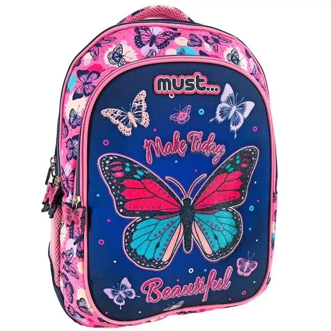 Must: Pillangó mintás háromrekeszes iskolatáska, hátizsák 32×18×43 cm