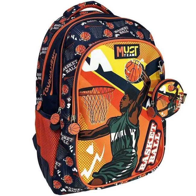 Luna: Must Team kosárlabda mintás narancssárga – kék lekerekített 3 rekeszes iskolatáska, hátizsák 32×18×43 cm