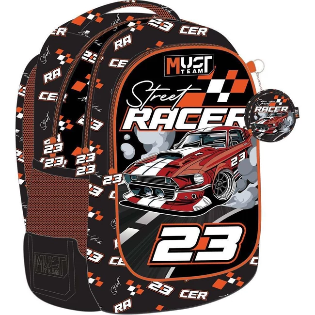 Luna: Must Team Street Racer autós lekerekített 3 rekeszes iskolatáska, hátizsák 32×18×43 cm