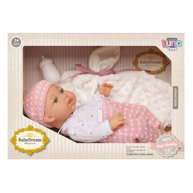 Baby Dream: Csecsemőbaba pink ruhában kiegészítőkkel 35 cm-es