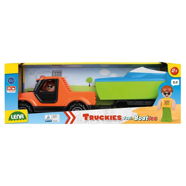 Lena: Truckies Pick-up autó csónakutánfutóval és vitorlás hajóval dobozos 35 cm
