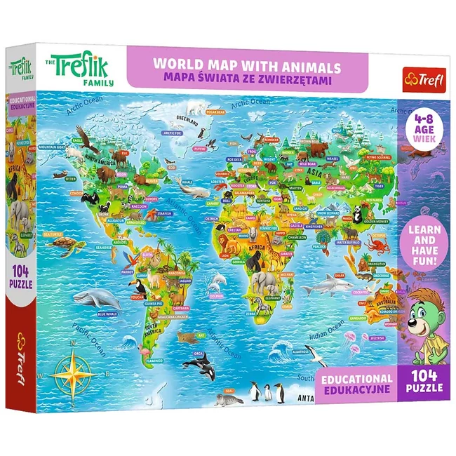 Treflik Világtérkép állatokkal oktató jellegű 104db-os puzzle - Trefl