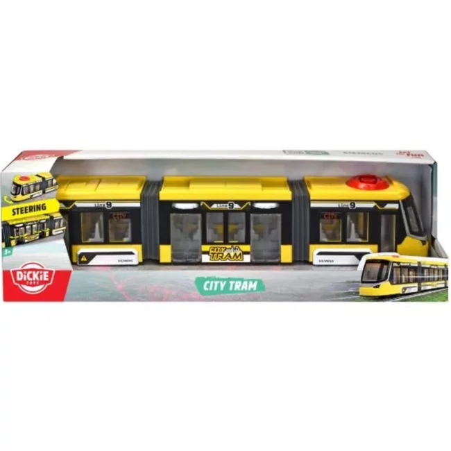 Dickie Toys: Siemens Combino sárga városi villamos kormányzással és nyitható ajtókkal – Simba Toys