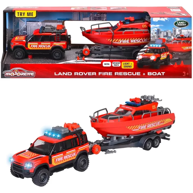 Majorette: Land Rover tűzoltó autó hajóval fény és hangeffektekkel 33 cm – Simba Toys