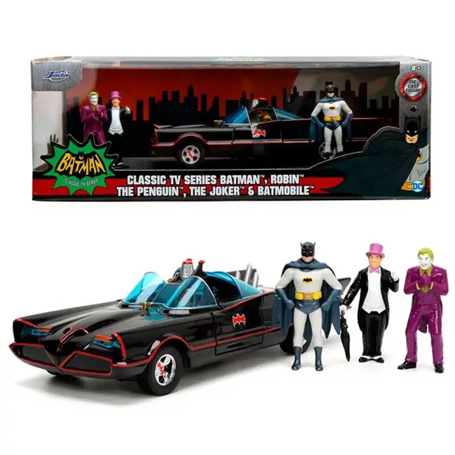 Batman: 1966 Classic Batmobil fém prémium autómodell 4 db akciófigurával 1/24-es méretarány
