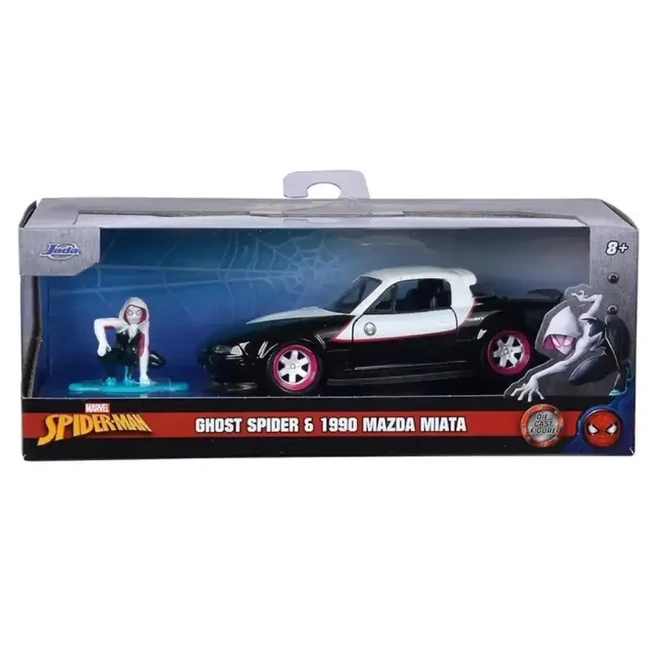 Marvel Ghost Spider figura és 1990 Mazda Miata autómodell 1/32 – Simba Toys
