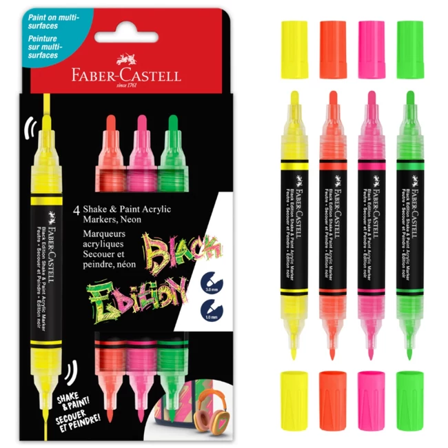Faber-Castell: Black Edition Shake &amp; Paint 2 végű 3 mm-es és 1 mm-es 4 db-os színes marker szett