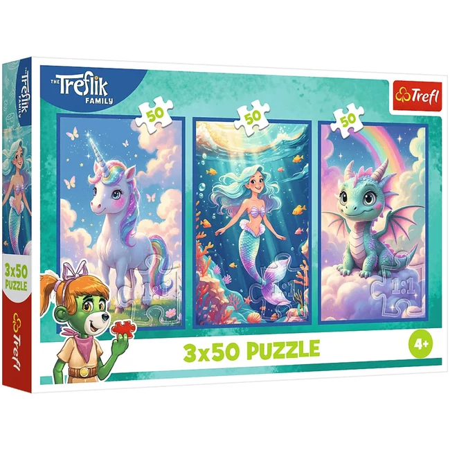 Színes mesevilág – 3 x 50 db-os puzzle unikornissal, sellővel és sárkánnyal – Trefl