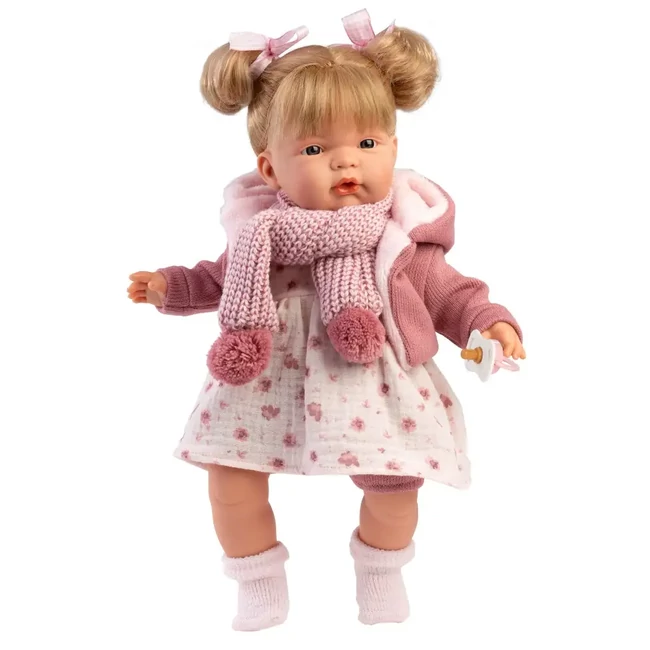 Llorens: Joelle 38 cm-es baba hanggal kötött kabátban sállal