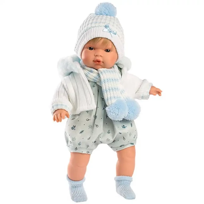 Llorens: Sasha 38 cm-es síró baba kék-fehér sapiban