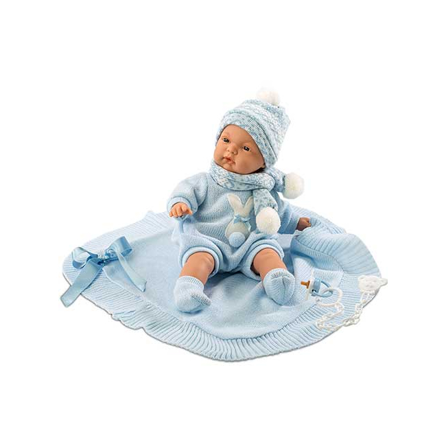 Újszülött fiú baba kék takaróval 38 cm