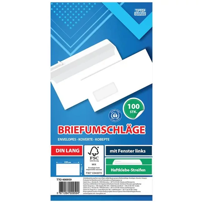 Spirit: Fehér bal ablakos boríték LA/4 11×23 cm 100 db-os csomag