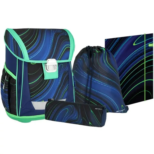 Spirit: Blue Stripes kék-zöld csíkok fekete alapon iskolatáska, hátizsák 4 db-os szett 41×20×32 cm