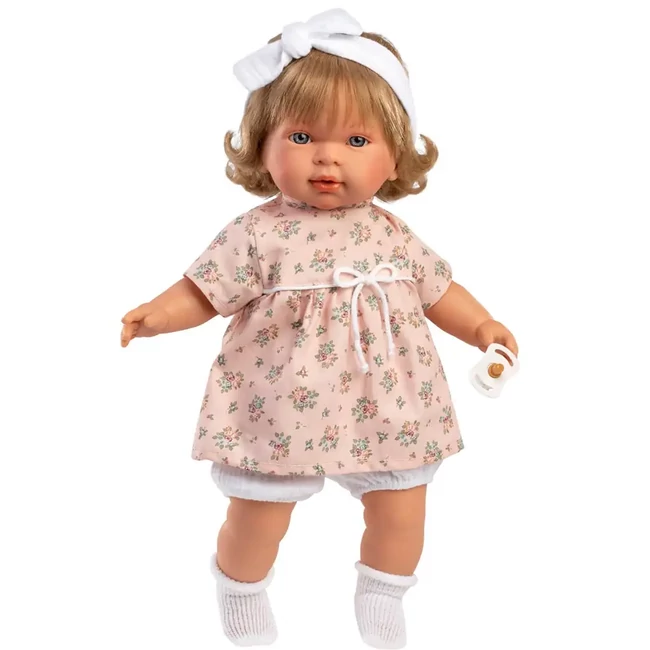 Llorens: Carla 42 cm-es síró baba virágos ruhában fejpánttal