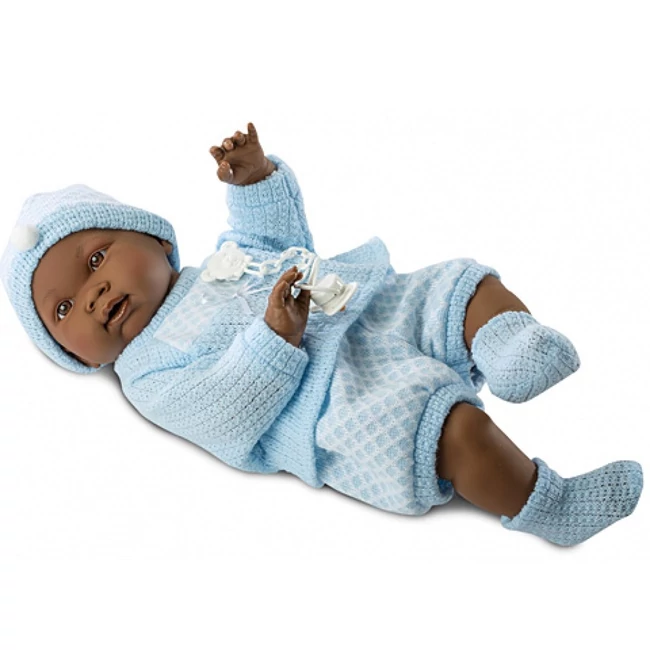 Afroamerikai csecsemő baba kék ruhában 45 cm-es
