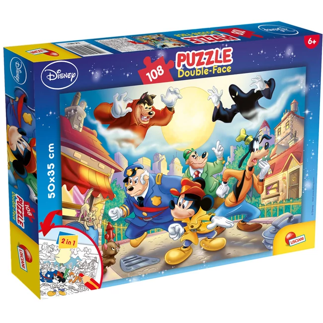 Mickey egér – A detektív 2 az 1-ben 108 db-os puzzle és színező 50×35 cm – Lisciani