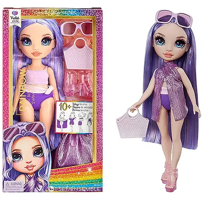 Rainbow High: Vízparti divat öltöztethető strandoló Violet divat baba