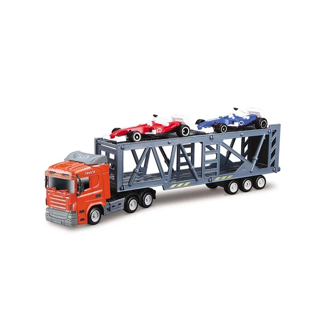 Autószállító kamion két versenyautóval kisautó 1/64 – Mondo Motors