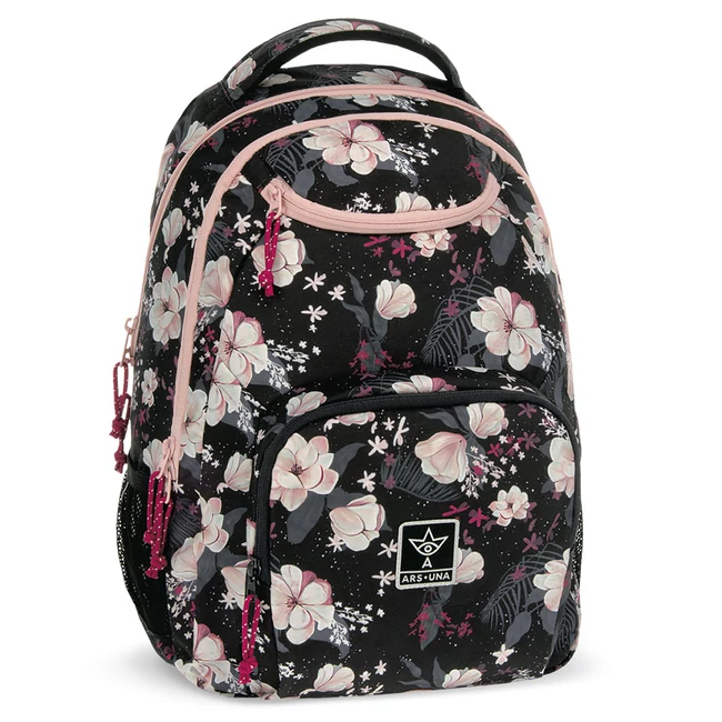 Ars Una: Flowery Black virágos AU-6 iskolatáska, hátizsák 34×45×26 cm
