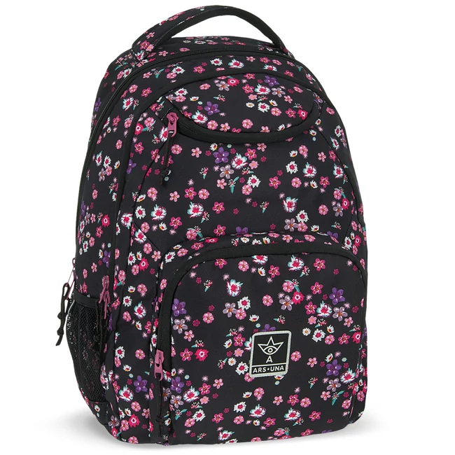 Ars Una: Pearl Blossom Black virágos AU-6 iskolatáska, hátizsák 34×45×26 cm