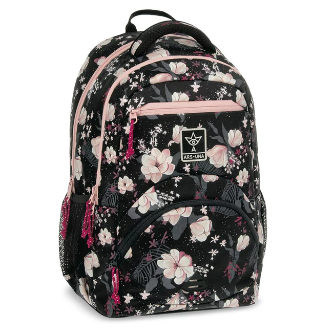 Ars Una: Flowery Black virágos ergonomikus iskolatáska, hátizsák 33×45×24 cm