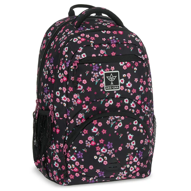 Ars Una: Pearl Blossom Black virágos ergonomikus iskolatáska, hátizsák 33×45×24 cm