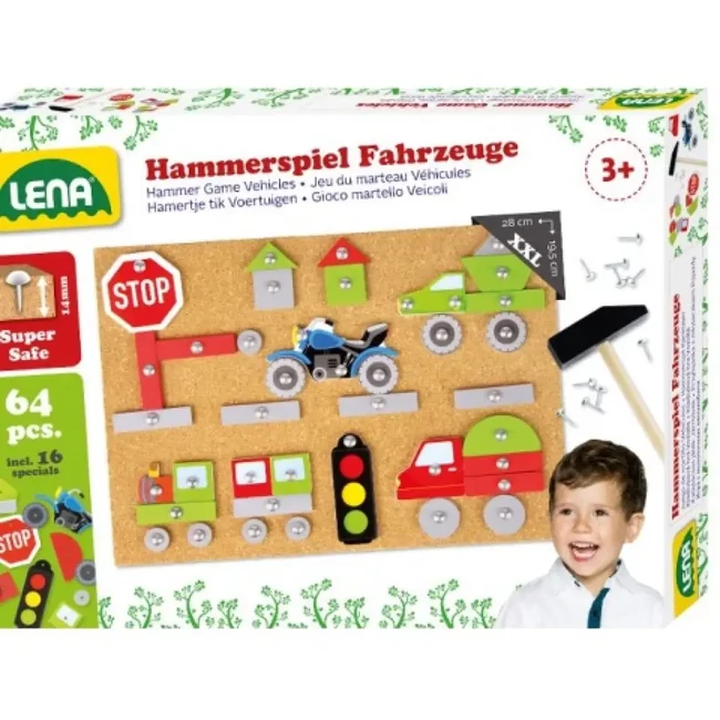 LENA: Kalapácsos parafatábla játékszett 64 db-os – Járművek és közlekedés