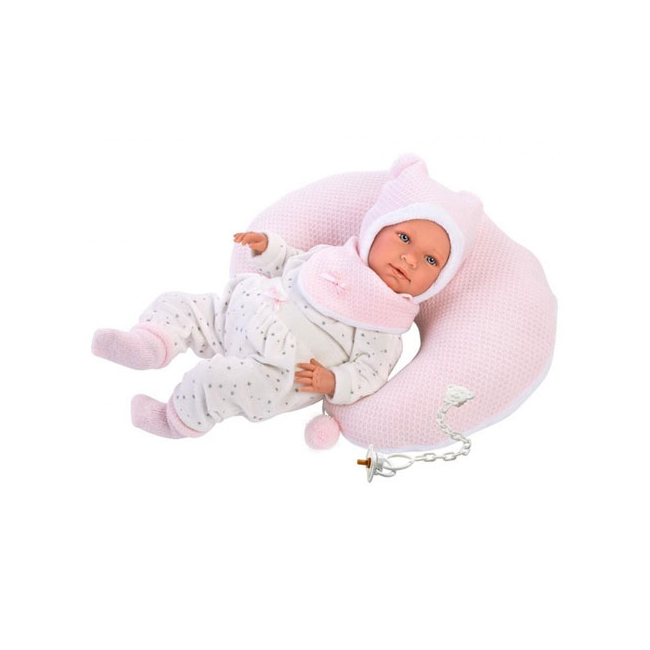 Llorens: Mimi újszülött nevető lány baba holdacska alakú párnával 42 cm