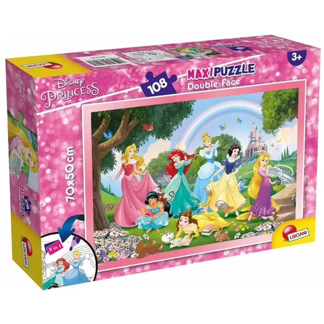 Disney Hercegnők szivárvány 2 az 1-ben 108 db-os puzzle és színező 70×50 cm – Lisciani