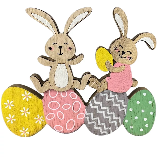 Fa húsvéti nyuszi dekoráció – vidám nyuszik színes tojásokon 15×18 cm