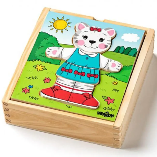 Öltöztethető cica fa puzzle 18 db-os – Woodyland