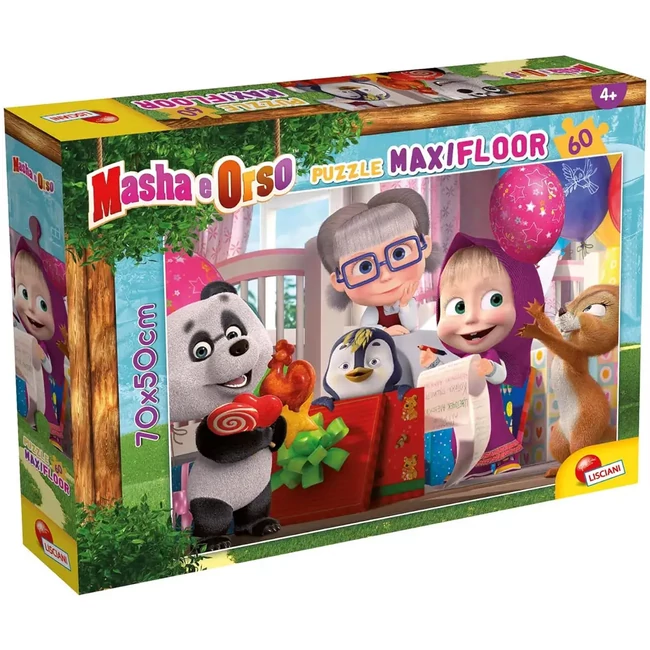 Mása és a medve meglepetés buli 60 db-os maxi padló puzzle 70×50 cm – Lisciani