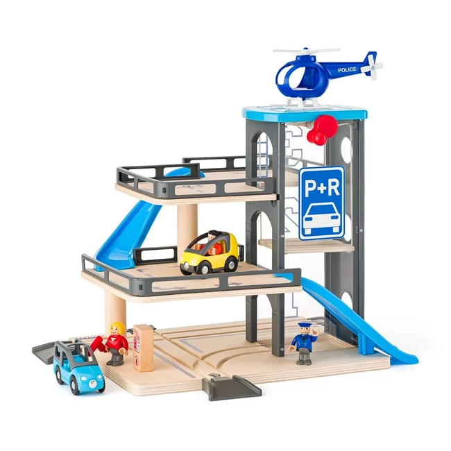 Két emeletes fa garázs játékszett járművekkel – Woodyland