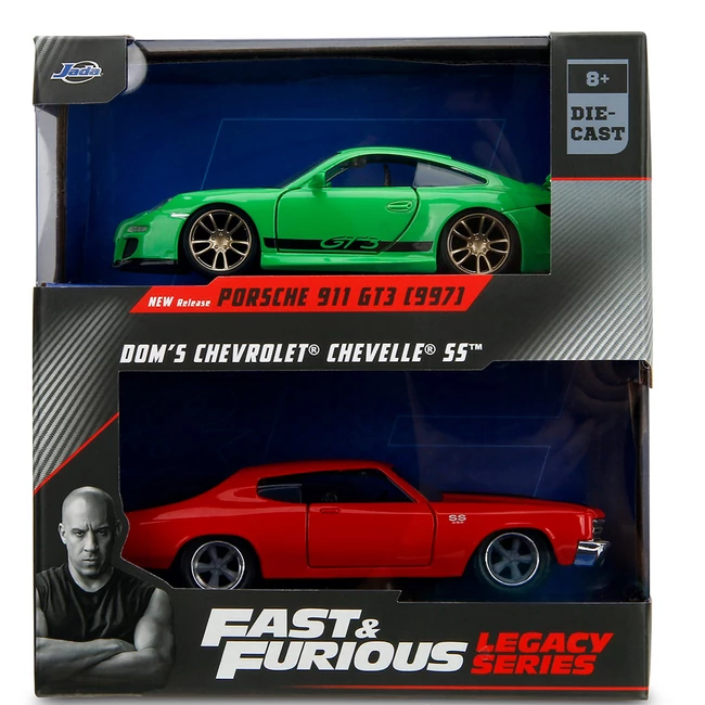 Fast &amp; Furious Legacy Series – Dom Chevrolet Chevelle SS és Porsche 911 GT3 (997) fém autómodell szett - Jada Toys