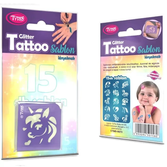 TyToo: Unikornis lányos csillámtetoválás sablon szett 15 db-os